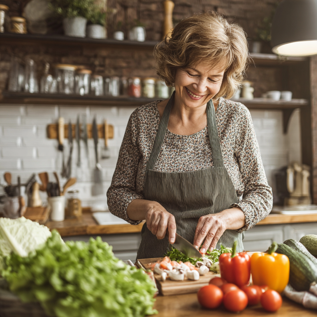 Усмихнати български възрастни хора от различни възрасти седят около маса, споделяйки здравословна храна и се наслаждават на общуването
