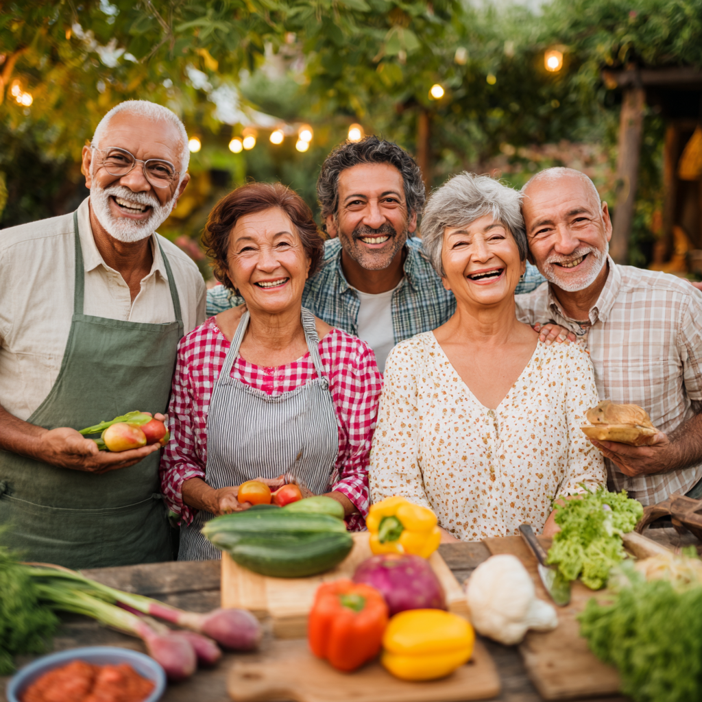 Българка на средна възраст с усмивка приготвя здравословна храна в модерна кухня, заобиколена от свежи плодове и зеленчуци
