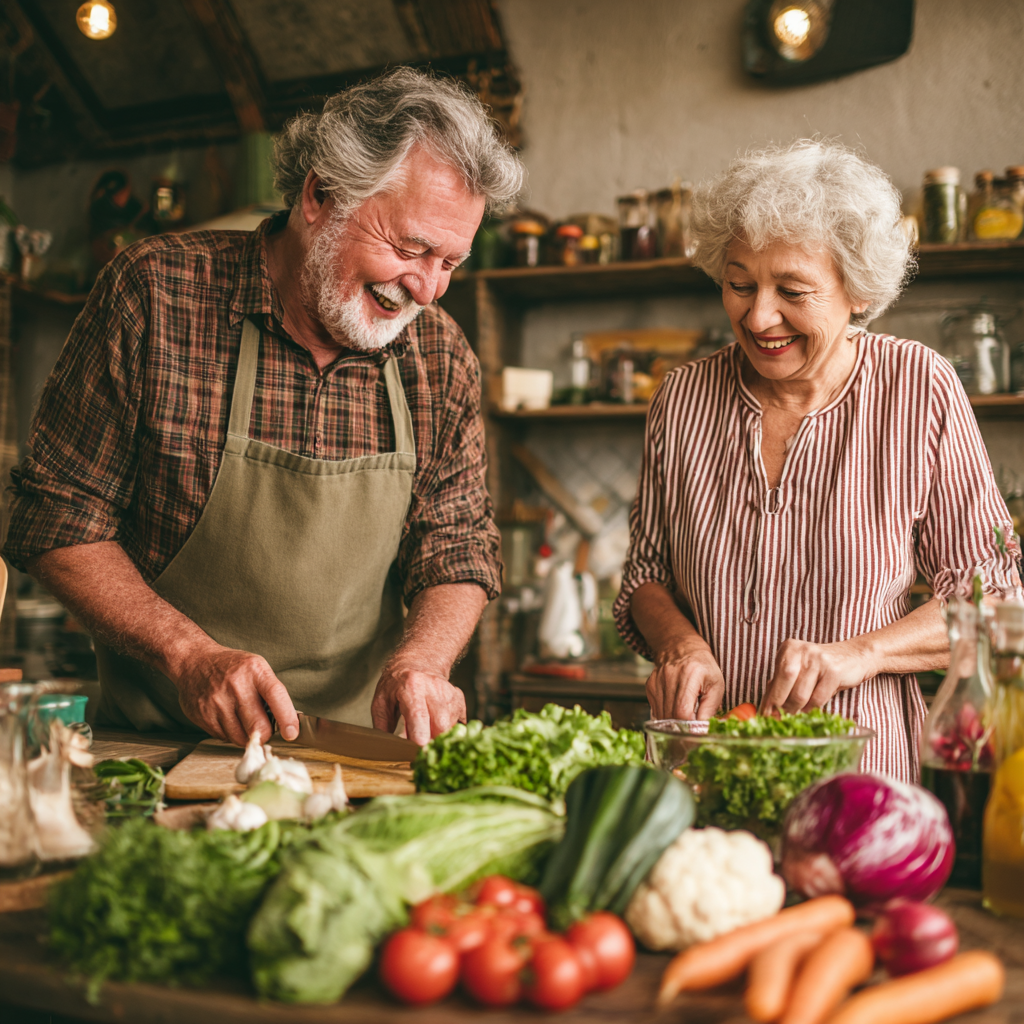 Група от усмихнати българи на различни възрасти заедно готвят здравословна храна, показвайки сътрудничество и радост от приготвянето на хранителни ястия